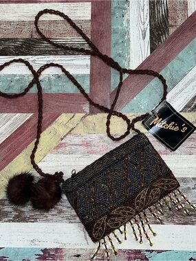 Mitchies NWT Beaded Crossbody Bag Brown/Multi Lining Zip Top Faux Fur Pom